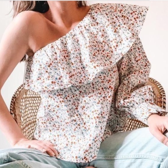 Zara Tops - Zara White Floral One Shoulder Ruffle Blouse Size M
